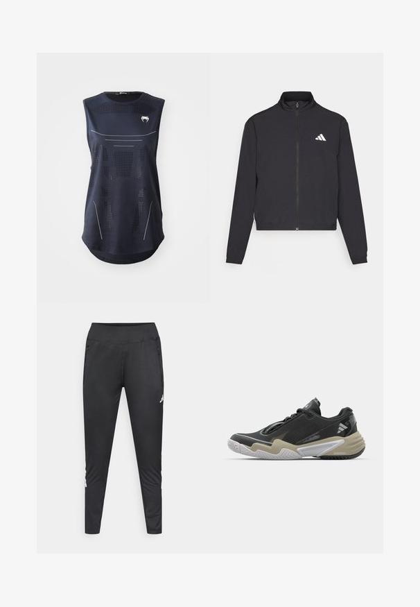 adidas Performance TRAIN ESSENTIALS 3 STRIPES WARM UP - Training jacket - black/white; Sleeveless athletic top in navy blue fabric. Features mesh perforations and white accent lines. Curved hem and a logo at the chest. Size: Small.; Black athletic pants made of stretchy fabric, featuring a fitted design, two zippered side pockets, and a logo accent on the lower leg.; Black and beige athletic shoe with textured upper, prominent sole design, reflective accents, and lacing system. Lightweight construction.