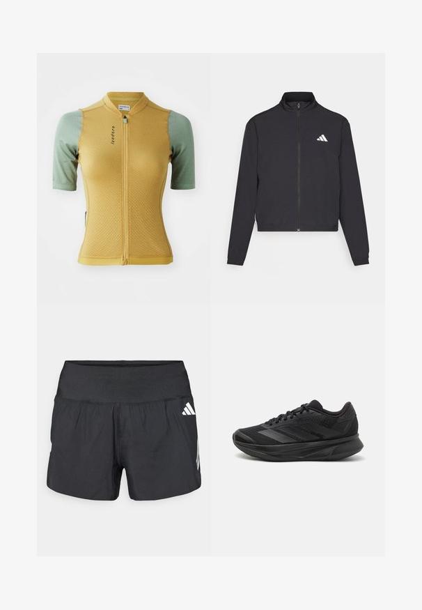 adidas Performance TRAIN ESSENTIALS 3 STRIPES WARM UP - Træningsjakke - black/white; Gul og grøn cykeltrøje med korte ærmer, tekstureret stof, lynlås foran og et logo på brystet. Har en tætsiddende pasform.; Sorte atletikshorts med bred elastisk talje, letvægtsstof og hvide logoaccents på den nederste side.; Sort løbesko med en åndbar mesh-overdel, afrundet tå, strømlinet design, teksturerede detaljer og en polstret sål for komfort.