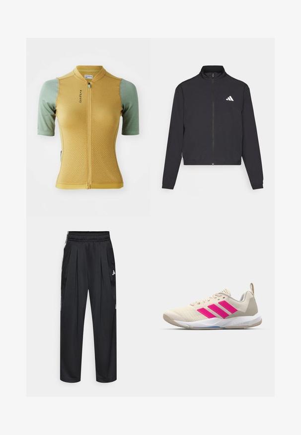 adidas Performance TRAIN ESSENTIALS 3 STRIPES WARM UP - Casaco de treino - black/white; Camisola de ciclismo amarela e verde com mangas curtas, tecido texturizado, fecho zip na frente e um logotipo no peito. Apresenta um design ajustado.; Calças atléticas pretas com pregas, cintura elástica e riscas laterais. Feitas de tecido liso, com o logótipo da Adidas em branco.; Sapata atlética bege com logotipo de três riscas cor-de-rosa, parte superior em malha texturizada, colarinho acolchoado e sola de borracha branca, apresentando a marca "LIGHTSTRIKE".