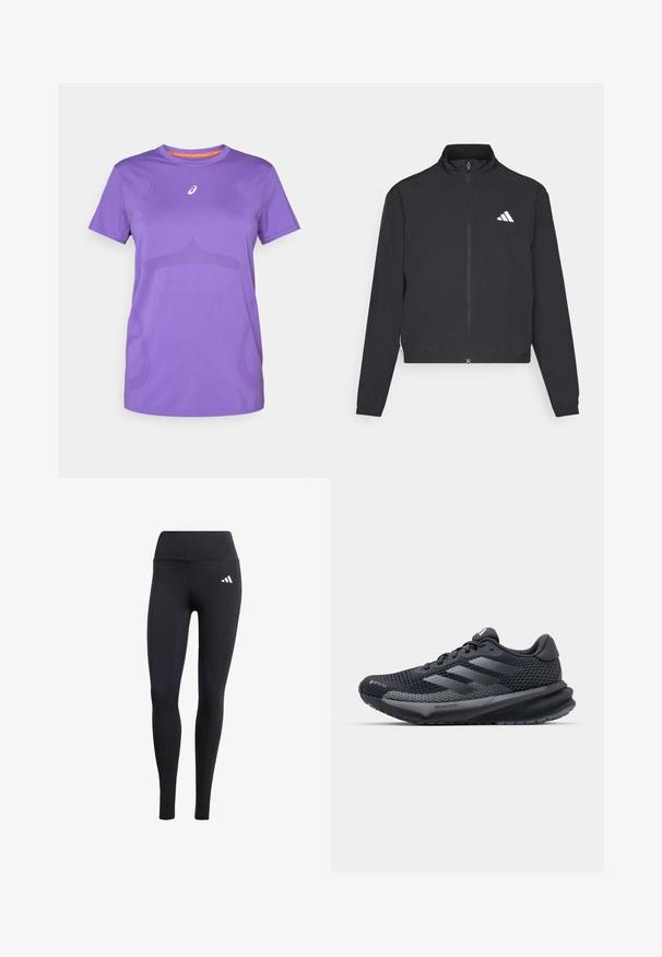 adidas Performance ESSENTIALS 3 STRIPES czarny; Fioletowa koszulka sportowa wykonana z oddychającego materiału. Posiada okrągły dekolt, krótkie rękawy oraz subtelny tonacyjny wzór na przodzie.; Czarne legginsy wykonane z elastycznego materiału, z wysokim pasem i małym białym logo, o gładkim, matowym wykończeniu.; Czarne buty sportowe z teksturowanym siateczkowym wierzchem, odblaskowymi akcentami, wyściełaną podeszwą i aerodynamicznym kształtem. Zawierają logo z trzema paskami.