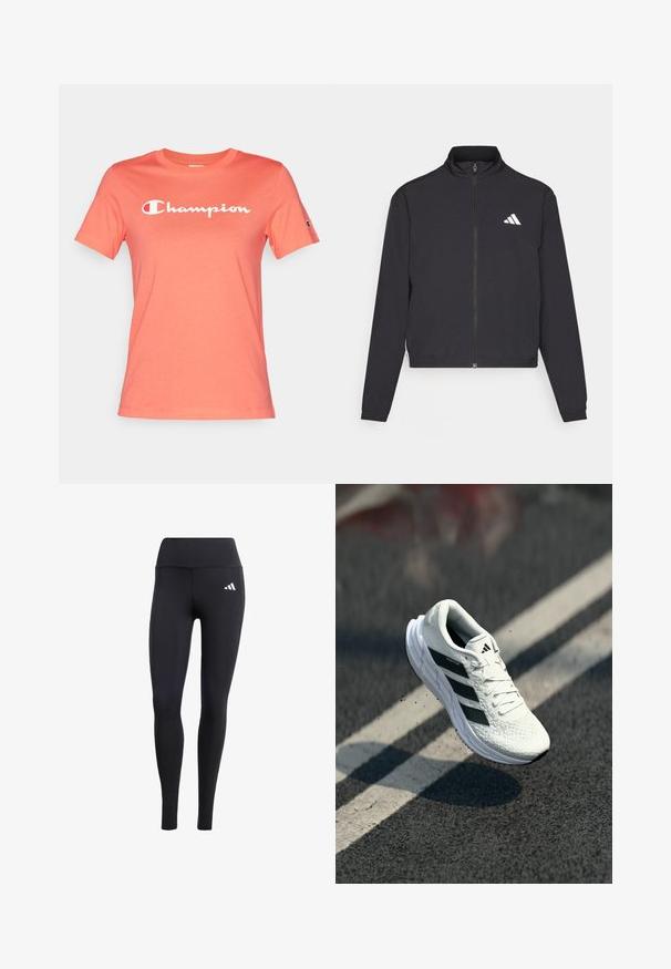 adidas Performance TRAIN ESSENTIALS 3 STRIPES WARM UP - Treniņjaka - black/white; Champion ICONS CREWNECK CONTRAST LOGO - Apdrukāts T-krekls - coral; Melni legingi, kas izgatavoti no elastīga materiāla, ar augstu jostu un mazāku baltu logotipu, ar gludu, matētu virsmu.; Baltas skrējiens apavi ar teksturētu augšdaļu, melns trīsliniju dizains, mīkstais apkakles, un viegla zole, novietoti gaisā virs ceļa virsmas.