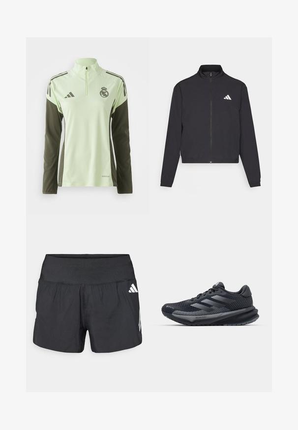 adidas Performance TRAIN ESSENTIALS 3 STRIPES WARM UP - Træningsjakke - black/white; Lys grøn atletisk skjorte med mørkegrønne ærmer, kvart lynlås og hvide striber; har et logo på brystet samt AeroReady branding.; Sorte atletikshorts med bred elastisk talje, letvægtsstof og hvide logoaccents på den nederste side.; Sort sportsko med en struktureret mesh-overdel, refleksaccenter, polstret sål og et strømlinet design. Har tre-stribe logo.