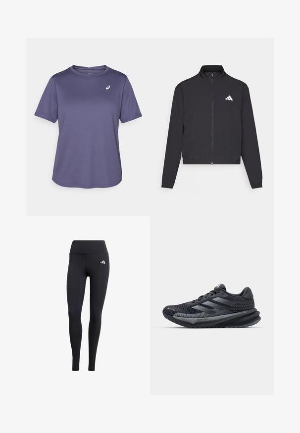 adidas Performance TRAIN ESSENTIALS 3 STRIPES WARM UP - Træningsjakke - black/white; Mørke lilla atletisk T-shirt, rund halsudskæring, korte ærmer, lavet af struktureret stof, med et lille hvidt logo på venstre brystområde.; Sorte leggings lavet af strækbart materiale, med en høj talje og et lille hvidt logo, samt en glat, mat finish.; Sort sportsko med en struktureret mesh-overdel, refleksaccenter, polstret sål og et strømlinet design. Har tre-stribe logo.