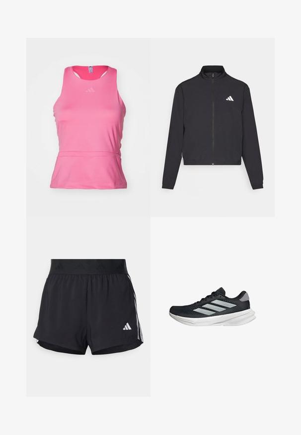 adidas Performance TRAIN ESSENTIALS 3 STRIPES WARM UP - Training jacket - black/white; Pink athletic tank top made of smooth, lightweight fabric. Features a round neckline, sleeveless design, and subtle logo on the chest.; Black athletic shorts with an elastic waistband, featuring a textured band, side stripes, and a white Adidas logo on the lower hem.; Black running shoe with mesh upper, three silver stripes, white midsole, and textured outsole. Features padded collar and lace closure.