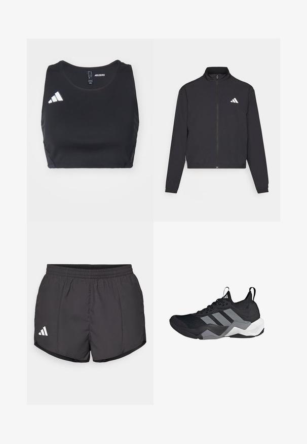 adidas Performance TRAIN ESSENTIALS 3 STRIPES WARM UP - Treniņjaka - black/white; Melnā sportiskā ķermeni atbalstošā blūze, izgatavota no elastīga materiāla. Aprīkota ar apaļu kakla izgriezumu un baltu adidas logo kreisajā pusē. Gluda tekstūra.; Melnas sporta šortas, izgatavotas no viegla materiāla, ar elastīgu jostu un baltu Adidas logo apakšējā kreisajā pusē.; Melnas sporta kurpes ar elpojošu acu audumu, pelēkiem akcentiem, teksturētu zoli un trim izteiksmīgām svītrām sānos.