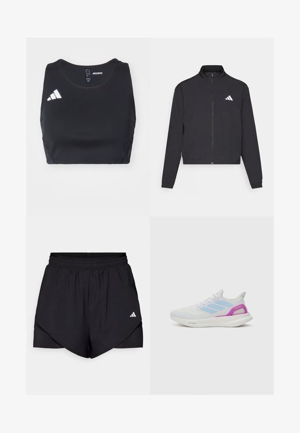 adidas Performance TRAIN ESSENTIALS 3 STRIPES WARM UP - Verryttelytakki - black/white; Musta urheilullinen crop top, joka on valmistettu joustavasta materiaalista. Siinä on pyöreä pääntie ja valkoinen adidas-logo vasemmalla puolella. Silkkinen pinta.; Mustat urheilushortsit, joissa on kerroksellinen muotoilu, valmistettu kevyestä kankaasta. Ominaisuuksiin kuuluu joustava vyötärö ja pieni valkoinen logo sivulla.; adidas Performance PUREBOOST 5 - Katujuoksukengät - white/glow blue/purple burst