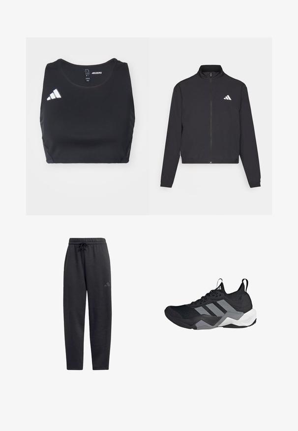 adidas Performance TRAIN ESSENTIALS 3 STRIPES WARM UP - Trainingsjacke - black/white; Schwarzes, athletisches Crop-Top aus elastischem Material. Mit rundem Ausschnitt und weißem Adidas-Logo auf der linken Seite. Glatte Textur.; Schwarze Sweatpants aus weichem Stoff, mit einem elastischen Bund und Kordelzug, geraden Beinen und einem dezenten Logo auf dem Oberschenkel.; Schwarzer Sportschuh mit einem atmungsaktiven Mesh-Obermaterial, grauen Akzenten, strukturiertem Sohlenprofil und drei markanten Streifen an der Seite.