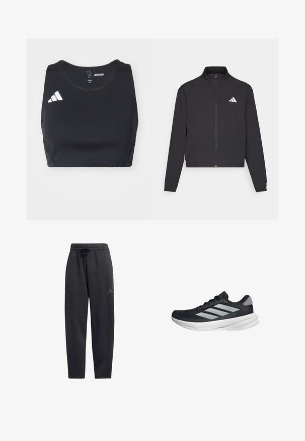 adidas Performance TRAIN ESSENTIALS 3 STRIPES WARM UP - Training jacket - black/white; Black athletic crop top made of stretchy material. Features round neckline and white adidas logo on the left side. Smooth texture.; Black sweatpants made of soft fabric, featuring an elastic waistband with a drawstring, straight legs, and a discreet logo on the thigh.; Black running shoe with mesh upper, three silver stripes, white midsole, and textured outsole. Features padded collar and lace closure.