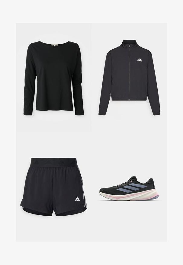 adidas Performance TRAIN ESSENTIALS 3 STRIPES WARM UP - Træningsjakke - black/white; Sort langærmet crewneck t-shirt med afslappet pasform og sænkede skuldre, præsenteret på en hvid baggrund.; Sorte sport shorts med elastisk talje, der har et tekstureret bånd, sidestreger og et hvidt Adidas-logo på den nederste kant.; Sorte atletiksko med en mesh-overdel, med grå striber, en hvid mellemsål med lyserøde detaljer og en tekstureret ydersål.