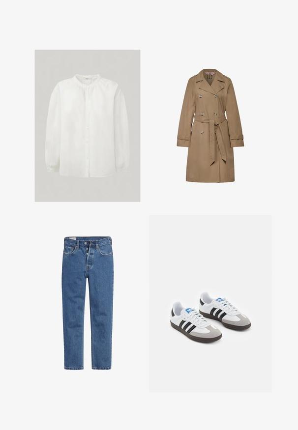 Cappotto beige realizzato in tessuto liscio, con bottoni doppi, vita con cintura e maniche lunghe con fasce sui polsini.; Camicia bianca con colletto rotondo, maniche lunghe e dettagli arricciati sulle spalle. Realizzata in tessuto leggero, con una texture liscia.; Jeans in denim blu con design a vita alta, chiusura con cinque bottoni e taglio dritto. Il tessuto presenta una finitura texturizzata e leggermente sbiadita.; Scarpe sportive con tomaia in pelle bianca, punta in suede grigia e tre strisce nere. Presentano un logo blu sulla linguetta e una suola in gomma testurizzata.