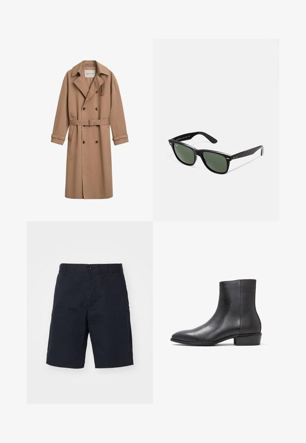 Helle braune Trenchcoat mit doppelter Knopfleiste, breitem Kragen und tailliertem Gürtel. Hergestellt aus glattem Stoff mit Knopfakzenten.; Hellgrauer Hoodie aus weichem Baumwollmix, mit einer Kordelzugkapuze, einer Fronttasche und gerippten Bündchen und Saum.; Schwarze Baumwollshorts mit flachem Bund, seitlichen Taschen, Knopfverschluss und geradem Beinverlauf. Keine sichtbaren Muster oder Akzenten.; ALDO PILLOWWALK+FLEX INSIDE ZIP AMUR - Stiefelette - open black; Schwarze Plastiksonnenbrille mit grünen Gläsern, quadratischen Rahmen, silbernem Akzent auf der Augenbraue und strukturierten Bügeln. Angegebene Marke auf dem inneren Bügel.