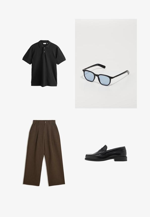 Cappotto in lana marrone con design doppiopetto, revers a punta, due tasche frontali e una tasca sul petto. Texture liscia.; Polo nera in cotone con maniche corte, chiusura a tre bottoni e un logo discreto sul petto. Vestibilità classica e design semplice.; Pantaloni a pieghe marroni con taglio a gamba larga, dotati di chiusura con bottone e tasche laterali, realizzati in tessuto testurizzato adatto per un abbigliamento casual.; Mocassini in pelle nera con una finitura liscia, dettagli cuciti sulla punta e un design a tacco basso per comfort e stile.; Occhiali da sole neri con montatura rettangolare, lenti azzurre chiare e texture in plastica liscia. Presentano aste sottili con un sottile dettaglio del logo.