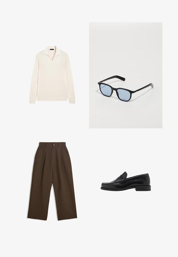 Brązowy wełniany płaszcz z podwójnym zapięciem, klapami, dwiema przednimi kieszeniami i jedną kieszenią na piersi. Gładka faktura.; Massimo Dutti - Bluzka z długim rękawem; Brązowe spódnie z plisami w szerokim kroju, z zapięciem na guziki i bocznymi kieszeniami, wykonane z teksturowanej tkaniny, idealne na codzienne okazje.; Czarne skórzane mokasyny o gładkim wykończeniu, ze stębnowaniem na nosie i niskim obcasem, zapewniającymi komfort i styl.; Czarne okulary przeciwsłoneczne o prostokątnych oprawkach, jasnoniebieskich soczewkach i gładkiej plastikowej teksturze. Posiadają wąskie zauszniki z subtelnym detalem logo.