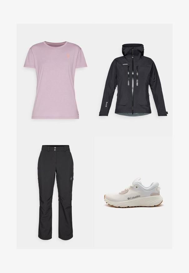 Musta veekindel jope kapuutsiga, mis on varustatud kahe esiseki tasku, reguleeritavate mansettidega ja peegeldavate tõmblukkudega nähtavuse suurendamiseks.; Heled lilla T-särk lühikeste varrukatega, ümar kaelus ja oranž lillelogo rinna peal. Pehme, sile kangastekstuuri.; Mustad mustad püksid sirge lõikega, millel on nööbiga kinnitamine, lukuga küljetaskud ja logomärk vasakul reiel.; Kerged Columbia spordijalanõud valgest võrgust, millel on tekstureeritud hall tall ja kummist haardepind. Omaduseks on polsterdatud krae ja nööridega kinnitussüsteem.