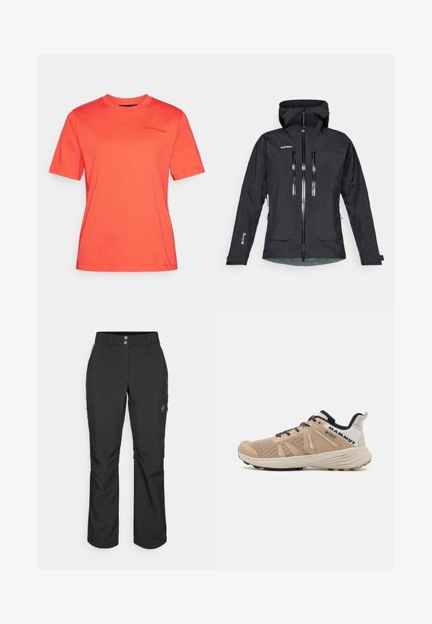 Chaqueta negra impermeable con capucha, cuenta con dos bolsillos frontales con cremallera, puños ajustables y cremalleras reflectantes para mayor visibilidad.; Camiseta de manga corta en color coral hecha de algodón. Cuello redondo con un detalle de logo en el pecho. Textura suave y corte regular.; Pantalones exteriores negros de corte recto, con cierre de botón, bolsillos laterales con cremallera y un parche con el logotipo en el muslo izquierdo.; Zapatos de senderismo para hombre con una parte superior de malla beige, puntera reforzada, acentos negros y una suela resistente para tracción.