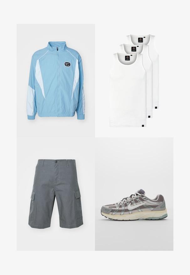 Veste de survêtement Nike Air bleu clair avec des panneaux blancs, zip intégral sur le devant, col haut et poignets et ourlet élastiques.; Trois débardeurs blancs côtelés en coton. Présentent un col rond et de petites étiquettes noires près de l'ourlet. Disponibles en plusieurs tailles.; Carhartt WIP REGULAR CARGO COLUMBIA  - Short - graphite; Chaussure de sport grise avec une tige en mesh et en daim, accents blancs, semelle rembourrée et un design distinctif avec des éléments réfléchissants.