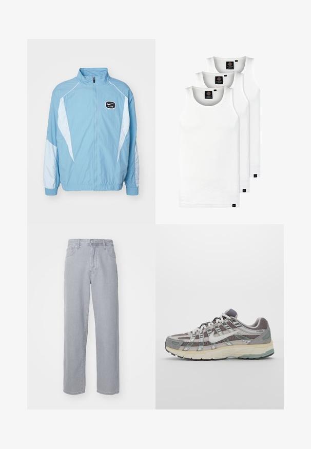 Giacca da allenamento Nike Air azzurro chiaro con pannelli bianchi, zip frontale completa, colletto alto e polsini e orlo elasticizzati.; Tre canotte bianche a coste in cotone. Presentano un colletto rotondo e piccole etichette nere vicino all'orlo. Disponibile in diverse taglie.; Jeans in denim grigio chiaro con design a gamba dritta, cinque tasche, passanti per cintura e chiusura a bottoni. Texture liscia senza motivi visibili.; Scarpa sportiva grigia con tomaia in mesh e suede, dettagli bianchi, suola ammortizzata e un design distintivo con elementi riflettenti.