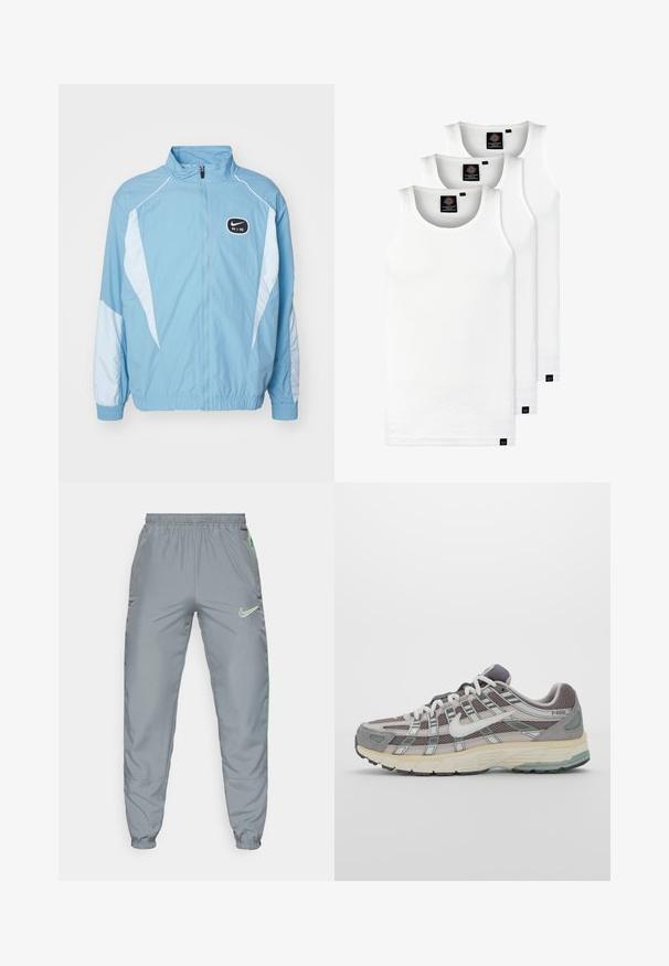 Helle blaue Nike Air Trainingsjacke mit weißen Einsätzen, vollständigem Frontreißverschluss, hohem Kragen sowie elastischen Bündchen und Saum.; Drei weiße, gerippte Tanktops aus Baumwolle. Merkmale einen Rundhalsausschnitt und kleine schwarze Etiketten am Saum. In mehreren Größen erhältlich.; Nike Jogginghose aus grauem Polyester mit elastischem Bund, schmal zulaufenden Bündchen und neongrünen seitlichen Akzenten; verfügt über ein Logo auf der vorderen rechten Seite.; Grauer Sportschuh mit einem Obermaterial aus Mesh und Wildleder, weißen Akzenten, einer gepolsterten Sohle und einem charakteristischen Design mit reflektierenden Elementen.
