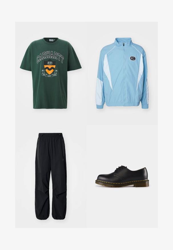 Lys blå Nike Air track jakke med hvide paneler, fuld frontlynlås, høj krave og elastiske manchetter og kant.; Mørkegrøn bomulds T-shirt med et fedt hvidt "CARHARTT" logo, et skjoldgrafik i orange og sort, samt korte ærmer.; Sorte letvægts cargo bukser med elastisk talje, sidelommer med lynlås og rummelige lommer. Har en løs pasform og tapered cuffs.; Sort lædersko med rund tå, snørebåndsdesign, gul syning langs sålen og en kraftig, tekstureret gummisål.