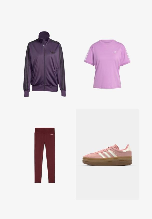 Paarse sportjack met een gladde stof, voorzien van een hoge kraag, zwarte strepen langs de mouwen en een geborduurd logo op de borst.; Paarse korte mouwen t-shirt van katoen met een geribbelde halslijn en witte zijkanten; heeft een klein wit Adidas-logo op de borst.; Bordeaux rib leggings met een brede tailleband, voorzien van een gestructureerde stof en een klein merkje op de heup voor extra detail.; adidas Originals GAZELLE BOLD - Sneakers laag - mauve/off white