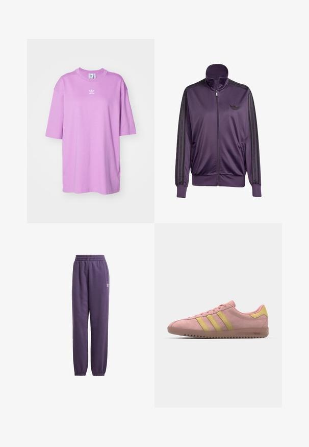 Fialová sportovní bunda vyrobená z hladkého materiálu, s vysokým límcem, černými pruhy podél rukávů a vyšitým logem na hrudi.; adidas Originals TEE - Jednoduché tričko - preloved purple; Fialové tepláky s elastickým pasem a manžetami, bočními kapsami a bílým logem. Vyrobené z měkké, pohodlné tkaniny pro maximální komfort.; Růžové semišové tenisky s třemi žlutými pruhy, kulatou špičkou a texturovanou gumovou podrážkou. Nízký profil s polstrovaným límcem.