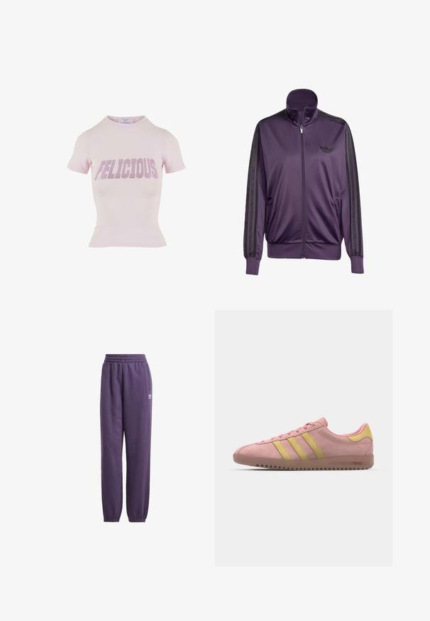 Fialová sportovní bunda vyrobená z hladkého materiálu, s vysokým límcem, černými pruhy podél rukávů a vyšitým logem na hrudi.; Růžové tričko s krátkým rukávem, s přiléhavým střihem a žebrovaným zakončením. Na přední straně je výrazný nápis "FELICIOUS" posetý kamínky.; Fialové tepláky s elastickým pasem a manžetami, bočními kapsami a bílým logem. Vyrobené z měkké, pohodlné tkaniny pro maximální komfort.; Růžové semišové tenisky s třemi žlutými pruhy, kulatou špičkou a texturovanou gumovou podrážkou. Nízký profil s polstrovaným límcem.