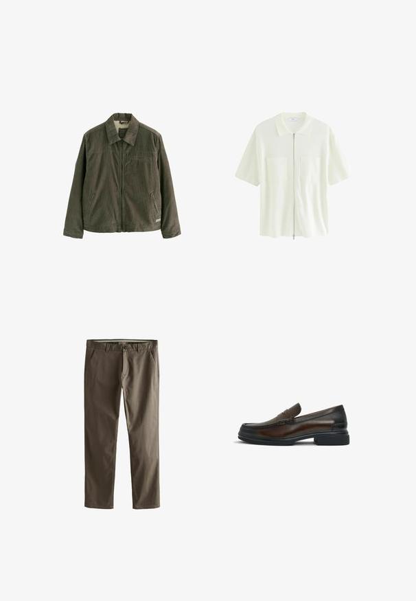 Olivegrön kordjacka med framzipper, två sidfickor, en bröstficka med dragkedja och ett mjukt innerfoder som syns vid kragen.; Kortärmad, vit zip-up skjorta i texturerad tyg, med krage och två framfickor med fyrkantiga lock.; Bruna bomullschinos med rak bendesign, framfickor och knappstängning. Har en slät yta och rena linjer.; Brun läder loafer med rund tå, sömnads detaljer på ovansidan, en slät textur och en kontrasterande svart gummisula.