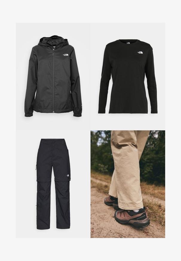 Jachetă neagră impermeabilă cu fermoar în față, manșete elastice și glugă. Prezintă un mic logo alb în partea stângă sus a pieptului.; Iarna neagră cu mânecă lungă, din bumbac, cu guler rotund. Prezintă un mic logo alb în zona pieptului stâng. Design simplu și croi lejer.; Pantaloni cargo din nylon negru, cu fermoar detașabil, manșete ajustabile, multiple buzunare și un logo pe piciorul drept. Textură netedă și ușoară.; Salomon X ULTRA 360 LTR GORE TEX - Pantofi drumeție - cognac/peppercorn/black