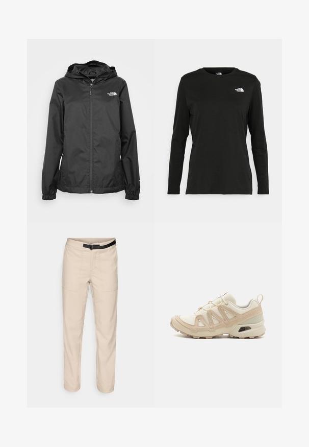 Veste imperméable noire avec fermeture éclair sur le devant, poignets élastiques et capuche. Présente un petit logo blanc sur la partie supérieure gauche de la poitrine.; T-shirt noir à manches longues en coton avec un col rond. Présente un petit logo blanc sur la partie gauche de la poitrine. Design et coupe simples.; Pantalon beige avec une texture lisse, présentant deux poches avant, une ceinture noire et une coupe droite.; Baskets de sport beiges et crème avec une tige en mesh texturé, des superpositions de soutien et une semelle en caoutchouc dotée d'un motif de crampons pour une traction.