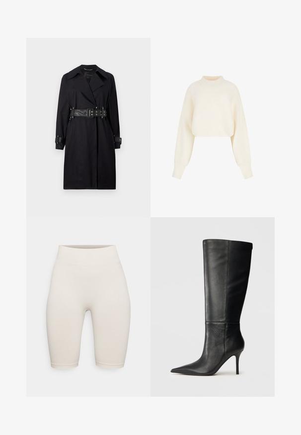 Mustat trench-takit, joissa on vyötärövyö, leveät kaulukset ja napitettavat hihansuut. Valmistettu sileästä kankaasta, jossa on minimalistinen muotoilu ilman kuvioita.; Guess CRISS CROSS AM RÜCKEN - Neule - weiß; Kermanväriset ribbimuslilhmithhihat, joissa on korkea vyötärö, sileä pinta ja tiukka malli, päättyen juuri polven ylle.; Musta nahkasaapas, joka ulottuu polveen, terävä kärki ja hoikka stiletto-korko, sileä pinta, sivuprofiili neutraalilla taustalla.