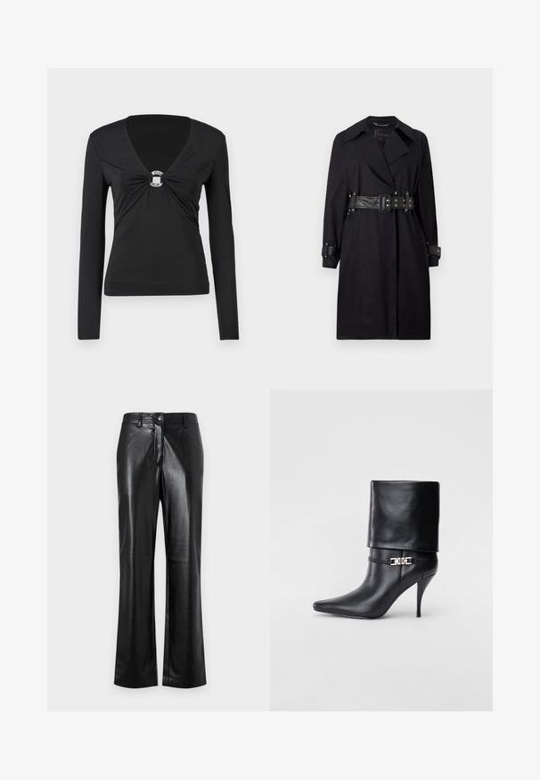 Fekete trench kabát övvel a deréknál, széles gallérral és gombos mandzsettával. Simább anyagból készült, minimalista dizájnnal és minta nélkül.; Fekete, hosszú ujjú, V nyakú felső, középen csomózott dísz ezüst gyűrű részlettel. Simma, testhezálló anyag, minimális dizájn.; Fekete bőrnadrág egyenes lábbal, elöl gombos záródással, övbújtatókkal és sima, fényes textúrával.; Fekete bőr bokacsizma hegyes orral, magas stiletto sarokkal, hajtott szegéllyel és arany díszcsattal a bokán.