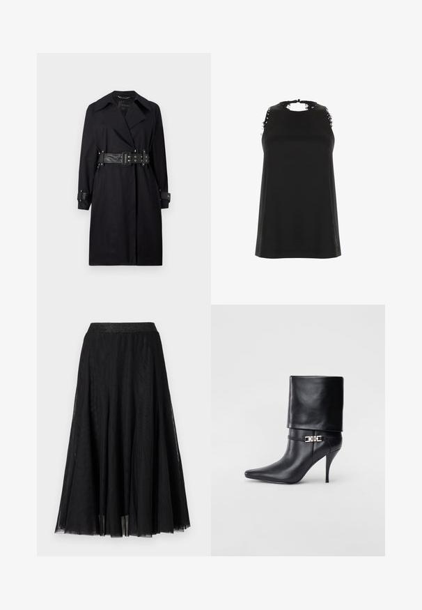 Czarny płaszcz trench z paskiem w talji, szerokim kołnierzem i zapięciem na guziki przy mankietach. Wykonany z gładkiego materiału w minimalistycznym stylu, bez wzorów.; Czarny bezrękawnik z wysokim dekoltem, z postrzępionymi koronkowymi akcentami na ramionach oraz gładką, miękką teksturą.; Czarna maxi spódnica o fakturowanym, płynącym kroju. Posiada szeroki, lśniący pas i warstwowy, przezroczysty materiał dla eleganckiego wyglądu.; Czarne skórzane botki za kostkę z ostrym noskiem, wysokim obcasem w kształcie stiletto, z załamanym mankietem oraz złotym dekoracyjnym zapięciem na kostce.