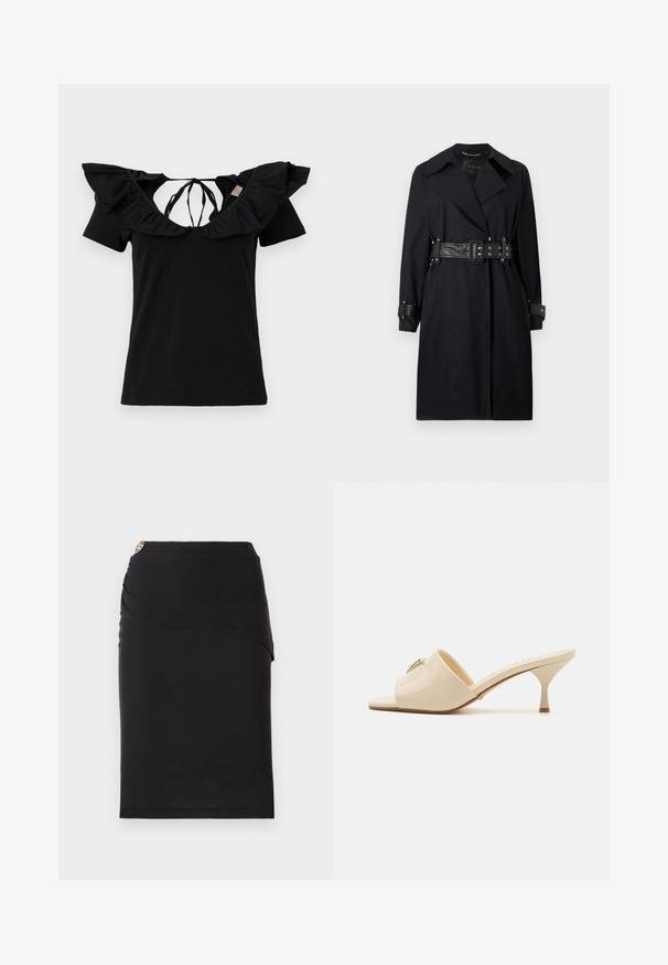 Sort trenchcoat med bælte i taljen, bred krave og knappede manchetter. Fremstillet af et glat stof med et minimalistisk design og uden mønstre.; Sort t-shirt med korte ærmer, prydet med en bred, flæsset halsudskæring og bindebånd bagpå. Glat tekstur, klassisk pasform og minimalistisk design.; Sort pencilskørt med draperet frontdesign, der har en dekorativ metallisk detalje ved taljen. Lavet af et strækbart stof.; Beige patentlæder åbent tå mule sandal med en lav stilettohæl. Har en central dekorativ detalje på overdelen. Glat, blank overflade.