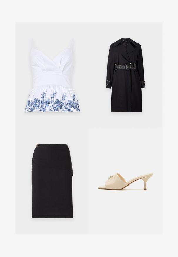 Černý trenčkot s opaskem v pase, širokým límcem a knoflíkovými manžetami. Vyrobený z hladkého materiálu s minimalistickým designem a bez vzorů.; Bílý bavlněný top s véčkovým výstřihem, nastavitelnými ramínky a rozšířeným lemem zdobeným modrou květinovou výšivkou na spodní části.; Černá tužková sukně s asymetrickým designem vpředu, zdobená kovovým akcentem v pase. Vyrobena z elastického materiálu.; Krémové lakované kožené sandály typu mule s otvorenou špičkou a nízkým stiletto podpatkem. Obsahují centrální dekorativní prvek na svršku. Hladký, lesklý povrch.