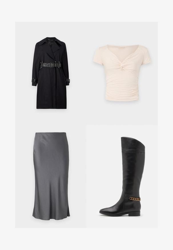 Fekete trench kabát övvel a deréknál, széles gallérral és gombos mandzsettával. Simább anyagból készült, minimalista dizájnnal és minta nélkül.; Világos bézs színű, rövid ujjú felső V-nyakkal és elülső csavart részlettel, oldalt gyűrt textúrával a testhez álló fazonért.; Szürke selyem midi szoknya sima textúrával, egyenes sziluettel, diszkrét oldalszárral és rugalmas derékrésszel.; Magas fekete bőrcsizma áramvonalas dizájnnal, hegyes orral és arany lánc díszítéssel a bokán. Alacsony, tömbsarkú. Sima felület.