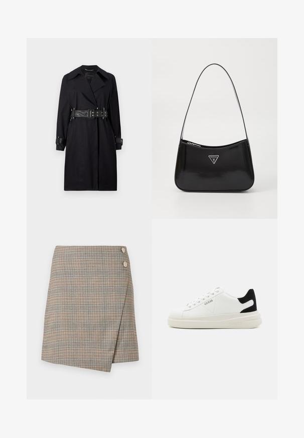 Fekete trench kabát övvel a deréknál, széles gallérral és gombos mandzsettával. Simább anyagból készült, minimalista dizájnnal és minta nélkül.; Világos bézs színű, rövid ujjú felső V-nyakkal és elülső csavart részlettel, oldalt gyűrt textúrával a testhez álló fazonért.; Szürke kockás batikolt szoknya narancs, barna és krémszínű vonalakkal. Két nagy gomb díszítéssel rendelkezik a deréknál, és letisztult fazonú.; Fehér bőr sportcipők vastag fehér talppal, fekete velúr sarokpikkelyel és dombornyomott logóval az oldalon. Fűzős kialakítás, hat fűzőlyukkal.; Fekete lakkbőr válltáska ívelt formával, ezüst háromszög logóval és cipzáros záródással. Simaság jellemzi és vékony pántja van.