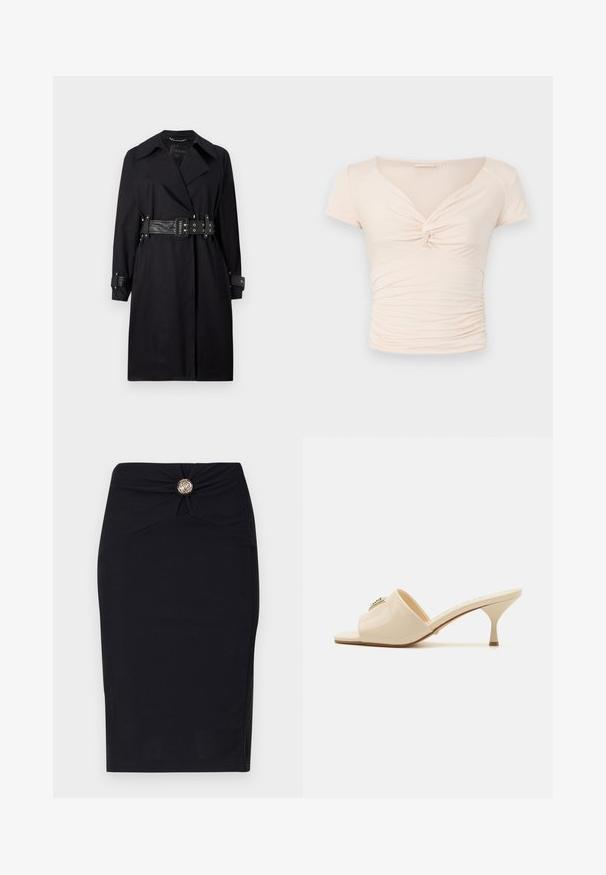 Mustat trench-takit, joissa on vyötärövyö, leveät kaulukset ja napitettavat hihansuut. Valmistettu sileästä kankaasta, jossa on minimalistinen muotoilu ilman kuvioita.; Vaalean beige lyhythihainen toppi, jossa on V-mallinen kaula-aukko ja kierretyt yksityiskohdat edessä. Sivut ovat rypytettyjä, mikä luo istuvan muotoilun.; Musta kynähame, jossa on tiukka malli, ja siinä on kierretty etudetalji sekä pyöreä kultainen nappikoriste vyötäröllä. Sujuva kankaan pinta.; Beige patent leather open-toe mule sandal dengan tumit stiletto rendah. Memiliki aksen dekoratif di bagian atas. Permukaan halus dan mengkilap.