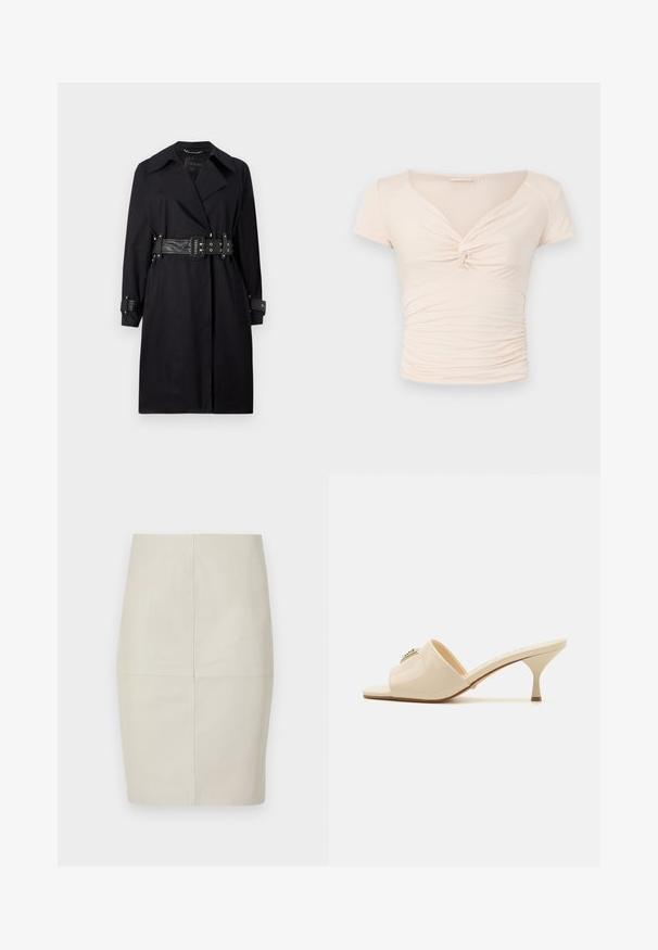 Mustat trench coat belted talje, laia krae ja nööpidega mansetid. Valmistatud siledast materjalist, minimalistliku disainiga ja ilma mustriteta.; Heledad beež pluus lühikeste varrukatega, V-kaelusega ja esise keerdumise detailiga, külgedel kogutud tekstuuriga, et saavutada keha lähedane mudel.; Kerge beež nahast pliiatsiseelik, vertikaalsete õmblustega, struktureeritud kuju ja siledat tekstuuri, millel on keskmise kõrgusega talje ja nähtamatud kinnitused.; Bež patentnahast avatud varvastega mule sandaalid madala stiletto kontsaga. Ülaservas on keskne dekoratiivne aksessuaar. Silky ja läikiv viimistlus.