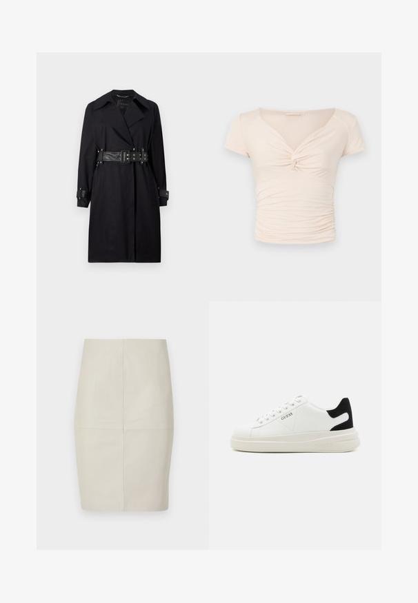 Sort trenchcoat med bælte i taljen, bred krave og knappede manchetter. Fremstillet af et glat stof med et minimalistisk design og uden mønstre.; Lyst beige kortærmet top med V-hals og twist-detalje foran, med samlede teksturer langs siderne for en tætsiddende design.; Lys beige læder pencil nederdel med lodrette sømme, stram form og glat tekstur, der har en mid-rise talje og ingen synligt hardware.; Hvide lædersneakers med en tyk hvid sål, sort ruskindhælvægt og prægede logoer på siden. Snørebåndsdesign med seks øjer.