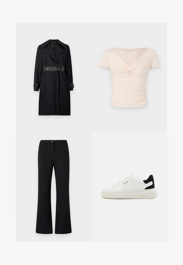 Czarny płaszcz trench z paskiem w talji, szerokim kołnierzem i zapięciem na guziki przy mankietach. Wykonany z gładkiego materiału w minimalistycznym stylu, bez wzorów.; Jasnobeżowa bluzka z krótkim rękawem z dekoltem w kształcie litery V i skręconym detalem z przodu, z marszczonym wykończeniem po bokach dla dopasowanego fasonu.; Czarne spodnie z szerokimi nogawkami wykonane z gładkiego materiału, z przodem zapinanym na guzik, szlufkami na pasek i eleganckim, dopasowanym krojem.; Białe skórzane sneakersy z grubą białą podeszwą, czarnym zamszowym akcentem na pięcie oraz wytłoczonym logotypem z boku. Projekt z sznurówkami i sześcioma dziurkami.