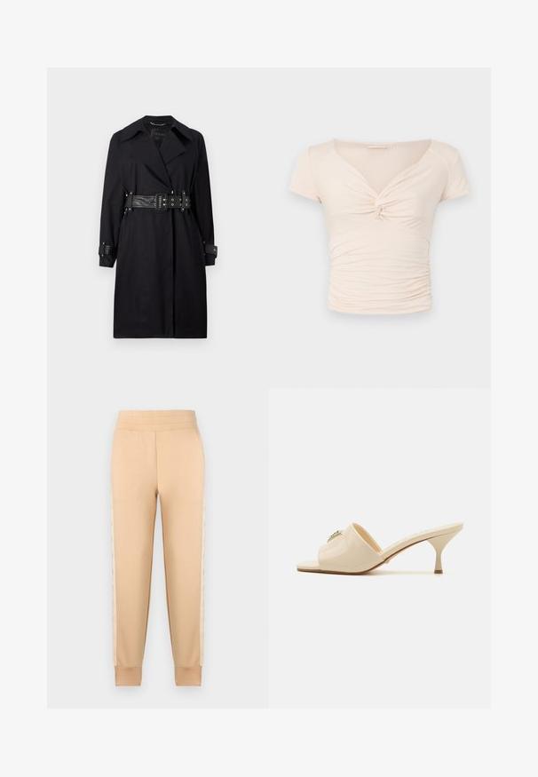 Melna trenču mēteļa ar jostu viduklī, plašu apkakli un pogām pie piedurknēm. Izgatavots no gludas auduma ar minimālistisku dizainu bez rakstiem.; Gai bēšs īso piedurkņu tops ar V-veida kakla izgriezumu un pagriešanas detaļu priekšpusē, kas satur savelkamu tekstūru gar sāniem, nodrošinot pieguļošu dizainu.; Bēšas sporta bikses ar gludu tekstūru, ar sašaurinātu dizainu, elastīgu jostasvietu un rakstainām sānu paneļiem.; Bežs patentēta ādas atvērtā pirksta mūlisandaļa ar zemu stiletto papēdi. Uz augšdaļas ir centrāla dekoratīva akcenta iezīme. Gluda, spīdīga apdare.