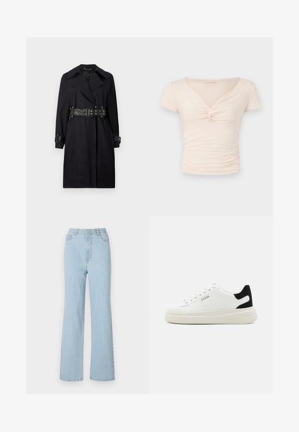 Mustat trench coat belted talje, laia krae ja nööpidega mansetid. Valmistatud siledast materjalist, minimalistliku disainiga ja ilma mustriteta.; Heledad beež pluus lühikeste varrukatega, V-kaelusega ja esise keerdumise detailiga, külgedel kogutud tekstuuriga, et saavutada keha lähedane mudel.; Heledad sinine teksarihm, millel on kõrge vöökoht, lõdvestatud sobivus, laiad jalad ja klassikaline viie taskuga disain. Omab metallist nööbi ja luku sulgemist.; Valged nahast tennisetossud paksu valge tallaga, musta sametist kontsakeeuga ja külje peal riigilogo reljeefne kujundus. Lukkeskeem kuue silmaauguga.