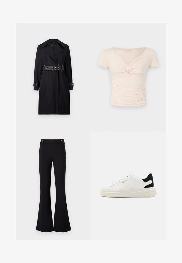 Mustat trench coat belted talje, laia krae ja nööpidega mansetid. Valmistatud siledast materjalist, minimalistliku disainiga ja ilma mustriteta.; Heledad beež pluus lühikeste varrukatega, V-kaelusega ja esise keerdumise detailiga, külgedel kogutud tekstuuriga, et saavutada keha lähedane mudel.; Mustad flared püksid, mis on valmistatud elastsetest materjalidest. Omab kahte kuldsete nuppudega vöökohal. Sile tekstuur ja sobib puusade järgi.; Valged nahast tennisetossud paksu valge tallaga, musta sametist kontsakeeuga ja külje peal riigilogo reljeefne kujundus. Lukkeskeem kuue silmaauguga.