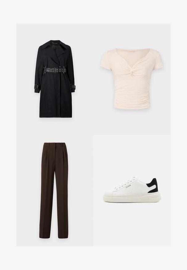 Crni trench kaput s remenom u struku, širokim ovratnikom i dugmadi na manžetama. Napravljen od glatkog materijala s minimalističkim dizajnom i bez uzoraka.; Svijetlosmeđi kratki rukavi top s V-izrezom i zavojnim detaljem sprijeda, s nabranošću duž strana za prilagođeni izgled.; Smeđe plisirane hlače s ravnim nogavicama, izrađene od prilagođenog materijala, s glatkom teksturom, koje imaju petlje za remen i bočne džepove.; Bijele kožne tenisice s debelim bijelim potplatom, crnim zamšastim akcentom na peti i ugraviranim logom sa strane. Dizajn s vezicama i šest rupa za vezivanje.
