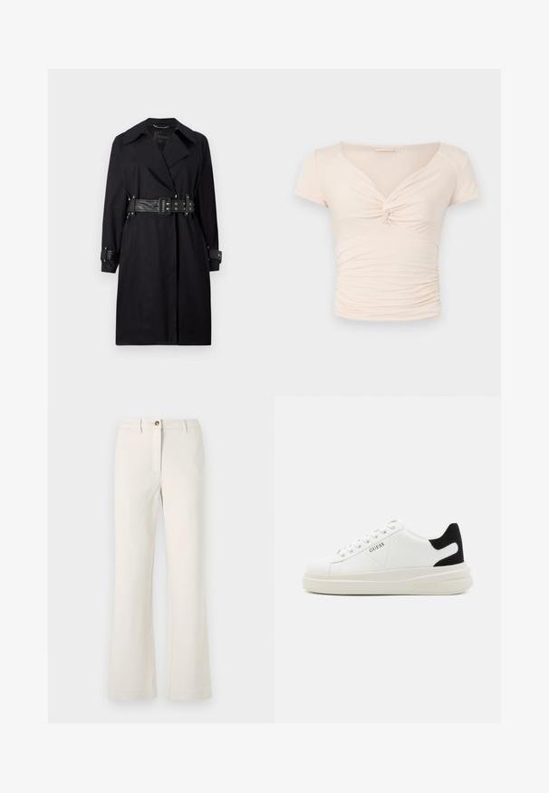 Casaco trench preto com cintura cinto, colarinho largo e punhos com botões. Feito de um tecido suave com um design minimalista e sem padrões.; Top curto de manga curta em bege claro com decote em V e detalhe torcido na frente, apresentando textura franzida nas laterais para um design ajustado.; Calças bege com um design de perna larga, feitas de um tecido suave. Apresenta um botão frontal único e fecho de zip, com passantes para cinto.; Sapatilhas brancas de couro com uma sola branca espessa, detalhe em camurça preta no calcanhar e logótipo em relevo na lateral. Design com atacadores e seis ilhós.