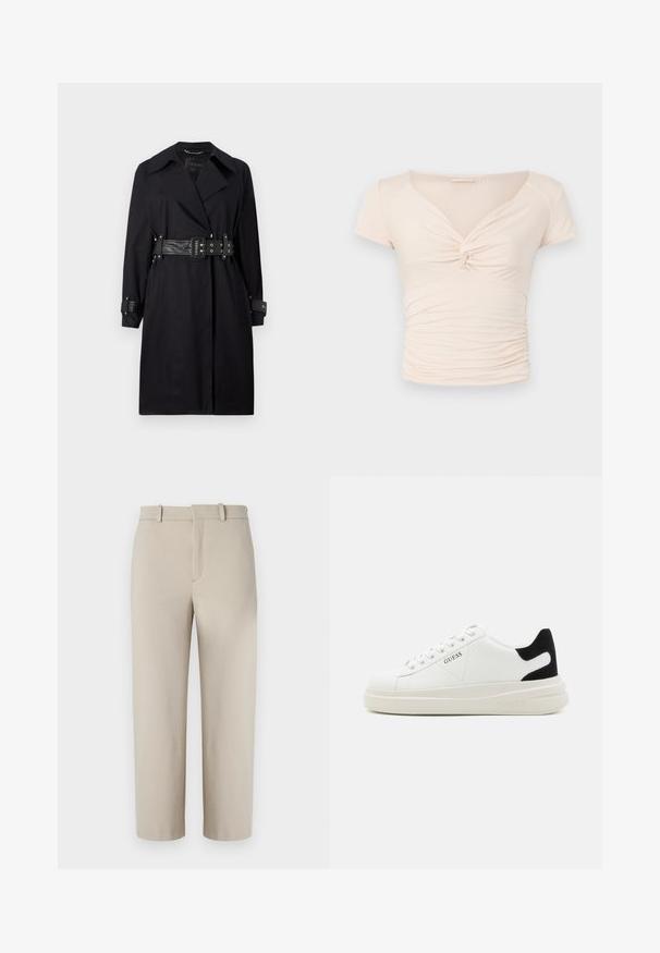 Palton negru cu talie accentuată printr-un brâu, guler larg și manșete cu nasturi. Construit dintr-un material fin, cu un design minimalist și fără modele.; Top scurt, de culoare bej deschis, cu mânecă scurtă și decolteu în V, având detaliu răsucit în față, cu textură adunată pe laturi pentru un design ajustat.; Pantaloni bej scurți, design croi, față plată cu fermoar ascuns, două buzunare laterale, confecționați dintr-o țesătură netedă din bumbac mixt.; Adidași din piele albă cu o talpă groasă albă, accent de călcâi din suede negru și logo embosat pe lateral. Design cu șireturi și șase orificii.