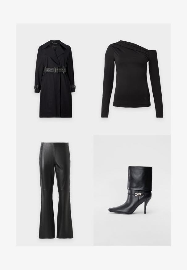 Manteau noir en trench avec une taille cintrée, un large col et des poignets à boutons. Fait d'un tissu lisse avec un design minimaliste et sans motifs.; Haut noir à manches longues avec un décolleté asymétrique, mettant en valeur une épaule dénudée et un drapé délicat sur la poitrine.; Pantalons en faux cuir noirs taille haute avec jambes évasées et détails de couture à l'avant, présentés sur un fond blanc uni.; Bottine en cuir noir avec un bout pointu, un haut talon aiguille, un revers, et un détail décoratif en boucle dorée au niveau de la cheville.