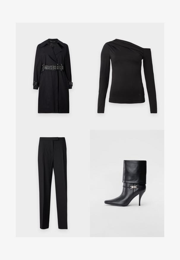 Melna trenču mēteļa ar jostu viduklī, plašu apkakli un pogām pie piedurknēm. Izgatavots no gludas auduma ar minimālistisku dizainu bez rakstiem.; Melnas garām piedurknēm blūze ar asimetrisku kakla izgriezumu, kur viens plecs ir atklāts un maigā drapējuma akcenti krūšu daļā.; Melnas pielāgotas bikses, izgatavotas no gludas auduma, ar taisnu kāju dizainu, sānu kabatām un diskretu āķa un cilpas aizdari jostasvietā.; Melnas ādas potīšu zābaki ar smailu purngalu, augstu stiletto papēdi, salocītu aproci un zeltītu dekoratīvu sprādzi uz potītes.
