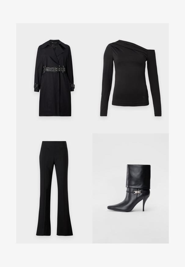 Mustat trench coat belted talje, laia krae ja nööpidega mansetid. Valmistatud siledast materjalist, minimalistliku disainiga ja ilma mustriteta.; Must emapnevarblouse mustaga, millel on asümmeetriline kaelus, avatud on üks õlg ja rindkere peal on pehmed volangid.; Mustad flared püksid sujuva kangast, kõrge vöökoht, kahe tagakotiga ja igas jalas on voldi rida.; Mustad nahast pahkluu saapad terava nina, kõrge stilettokanna, volditud äärega ja kuldse dekoratiivse pandlaga pahkluul.