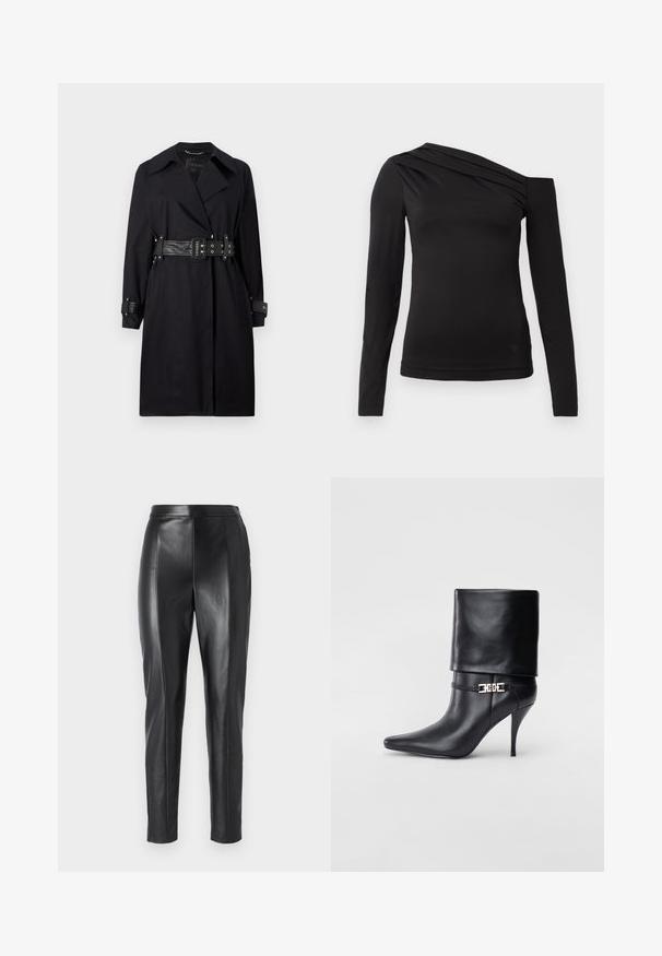Zwarte trenchcoat met een ceintuurbundel, brede kraag en knoopmanchetten. Gemaakt van een gladde stof met een minimalistisch ontwerp en zonder patronen.; Zwart langemouwen top met een asymmetrische halslijn, waarbij één schouder bloot is en zachte draping over de borst valt.; Zwarte leren broek met een strakke pasvorm en een soepele textuur. Heeft gestructureerde naden aan de zijkanten en een tailleband voor een getailleerde pasvorm.; Zwarte leren enkelboot met een spitse neus, hoge stilettohak, opgevouwen manchet en een gouden decoratieve gespdetails op de enkel.